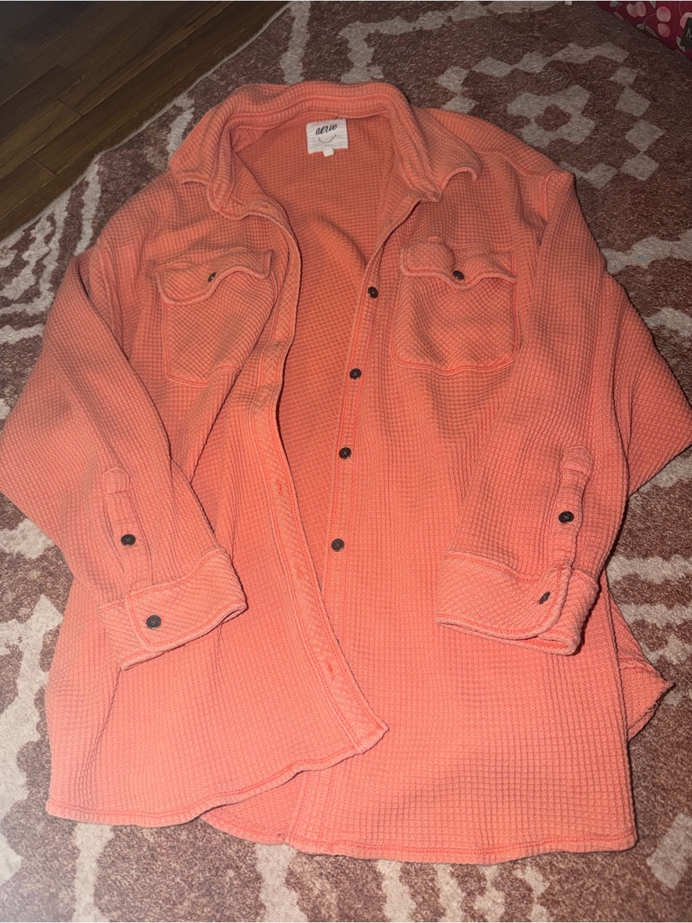 aerie Coral Waffle-Knit Casual Button-Down Shirt